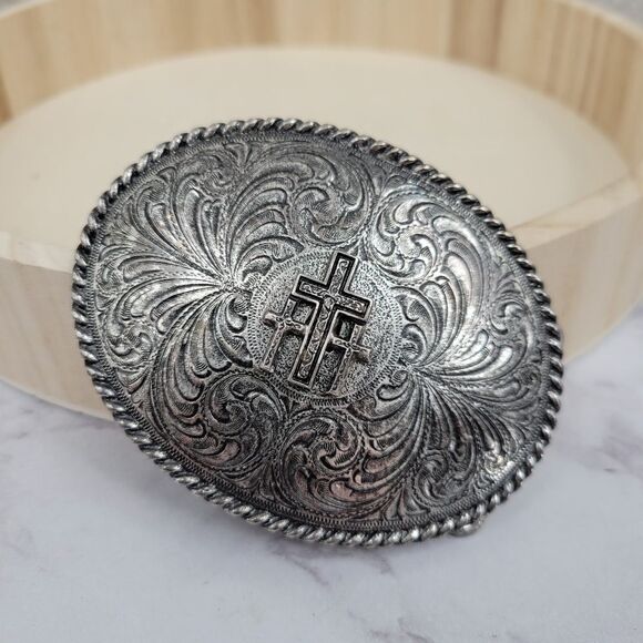 Belt Buckle Silver Toned Oval 3 Crosses Western Religious Cowgirl - Picture 1 of 7